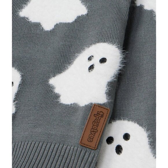 Women’s Fuzzy Ghost Print Cardigan Cropped Halloween Sweater Cozy Warm - Picture 2 of 4